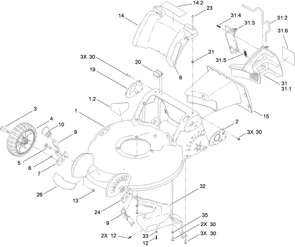 Housing And Tunnel Assembly Diagram and Parts List for 20897 316000001 - 316999999 Toro Lawn Mower