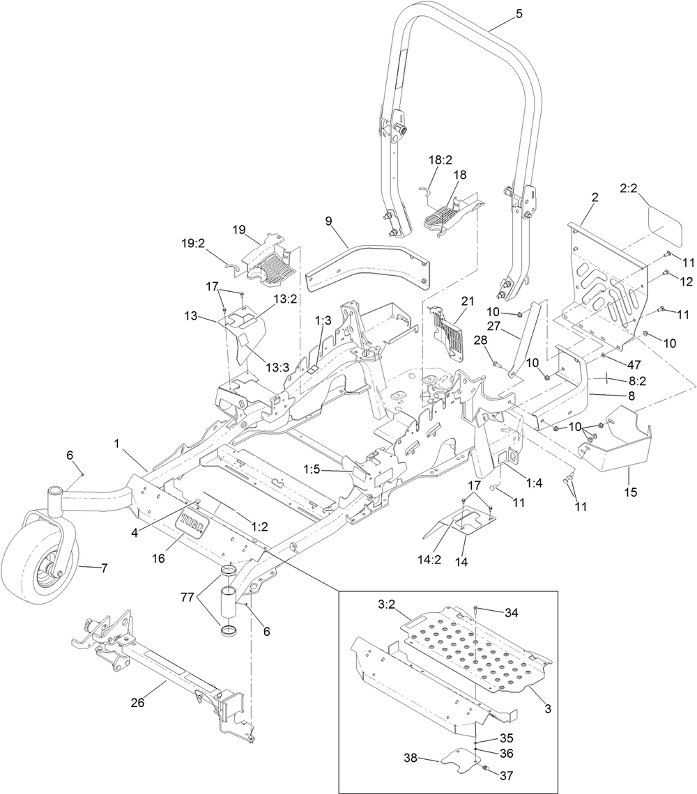 Frame And Caster Wheel Assembly Diagram and Parts List for 74925TE (314000001-314999999)(2014) Toro Lawn Mower