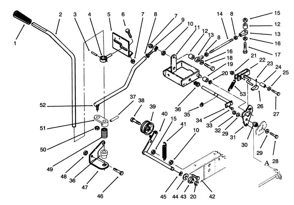 Clutch, Brake And Motion Control Linkage Diagram and Parts List for 73501 59000001 - 59000411 Toro Lawn Tractor