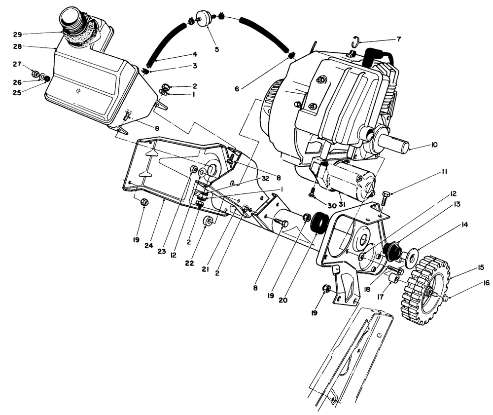 Engine & Main Frame Assembly Diagram and Parts List for 38186 3900001 - 3999999 Toro Snow Blower