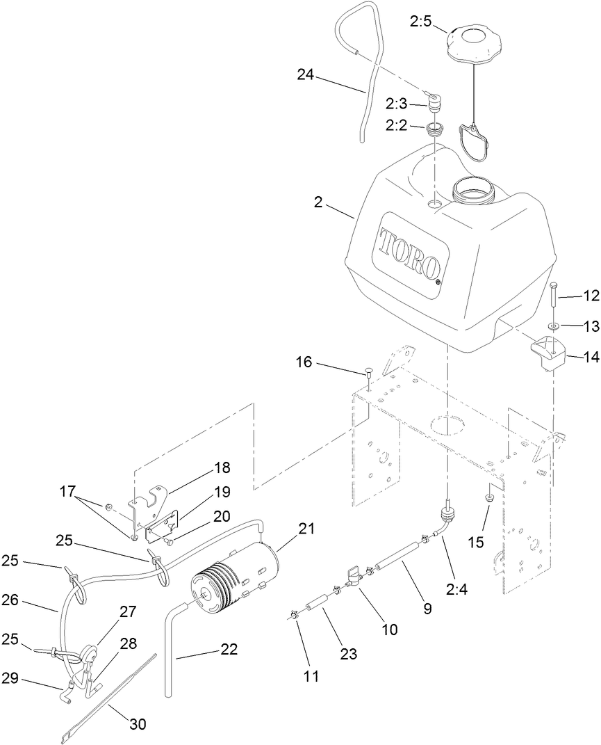 Fuel System Assembly Diagram and Parts List for 39634 (311000001-311999999)(2011) Toro Lawn Mower
