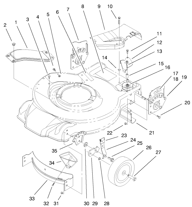 Housing, Handle Brackets & Wheel Assembly Diagram and Parts List for 20029 9900001 - 9999999 Toro Lawn Mower