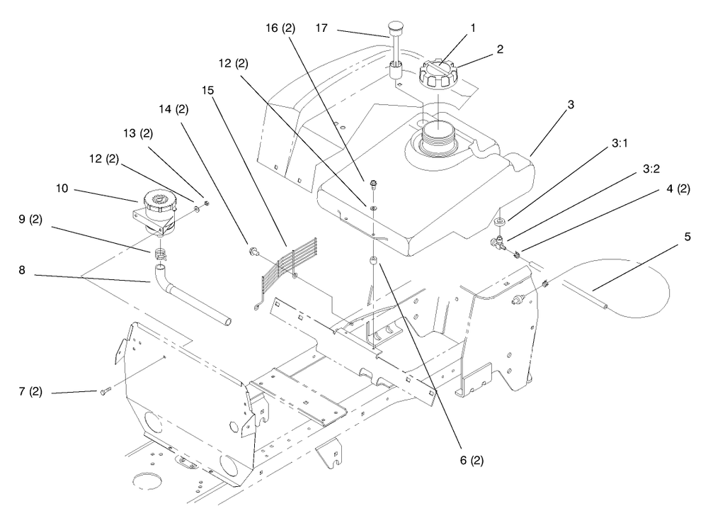 Fuel Tank And Hydro Reservoir Diagram and Parts List for 72110 8900600 - 8999999 Toro Lawn Tractor
