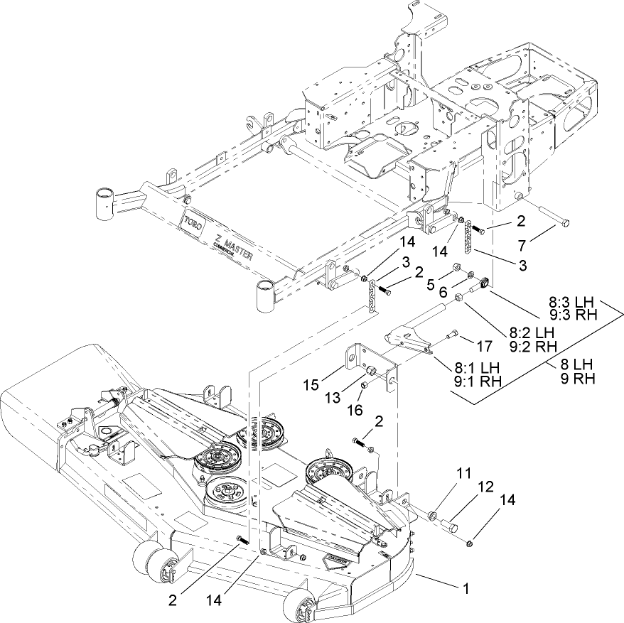 Deck Connection Assembly Diagram and Parts List for 74415 (250000001-250005000)(2005) Toro Lawn Mower