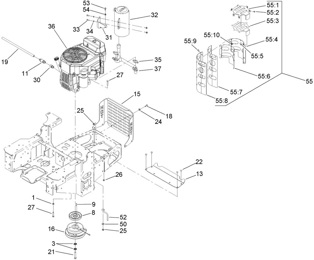Engine, Clutch And Muffler Assembly Diagram and Parts List for 74418TE (270002001-270999999)(2007) Toro Lawn Mower