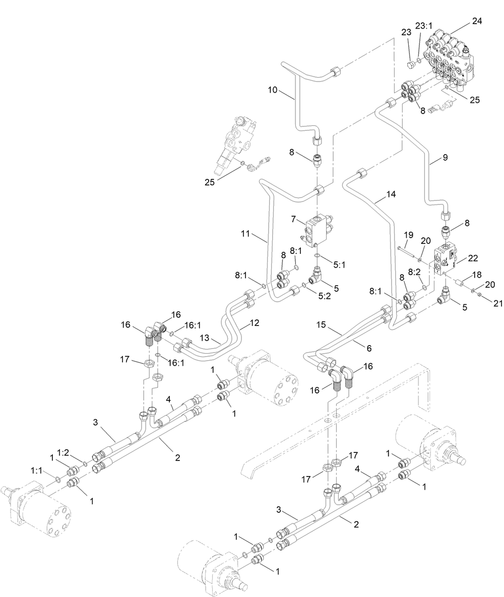 4-Spool Hydraulic Valve Assembly Diagram and Parts List for 22218 407600000 - 411799999 Toro Lawn Tractor Accessories