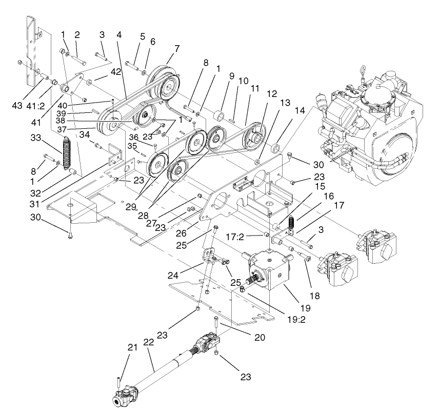 Pto And Hydro Drive Assembly Diagram and Parts List for 74187 (200000501-200999999)(2000) Toro Lawn Mower
