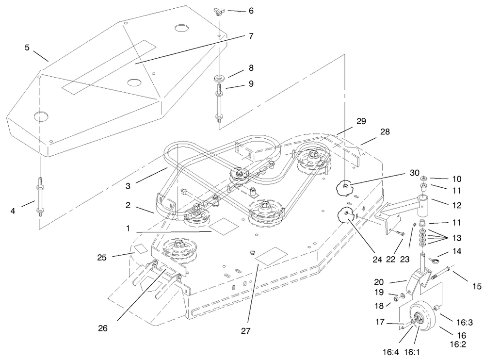 Deck, Cover And Deck Drive Belts Diagram and Parts List for 30196 990201 - 999999 Toro Lawn Mower