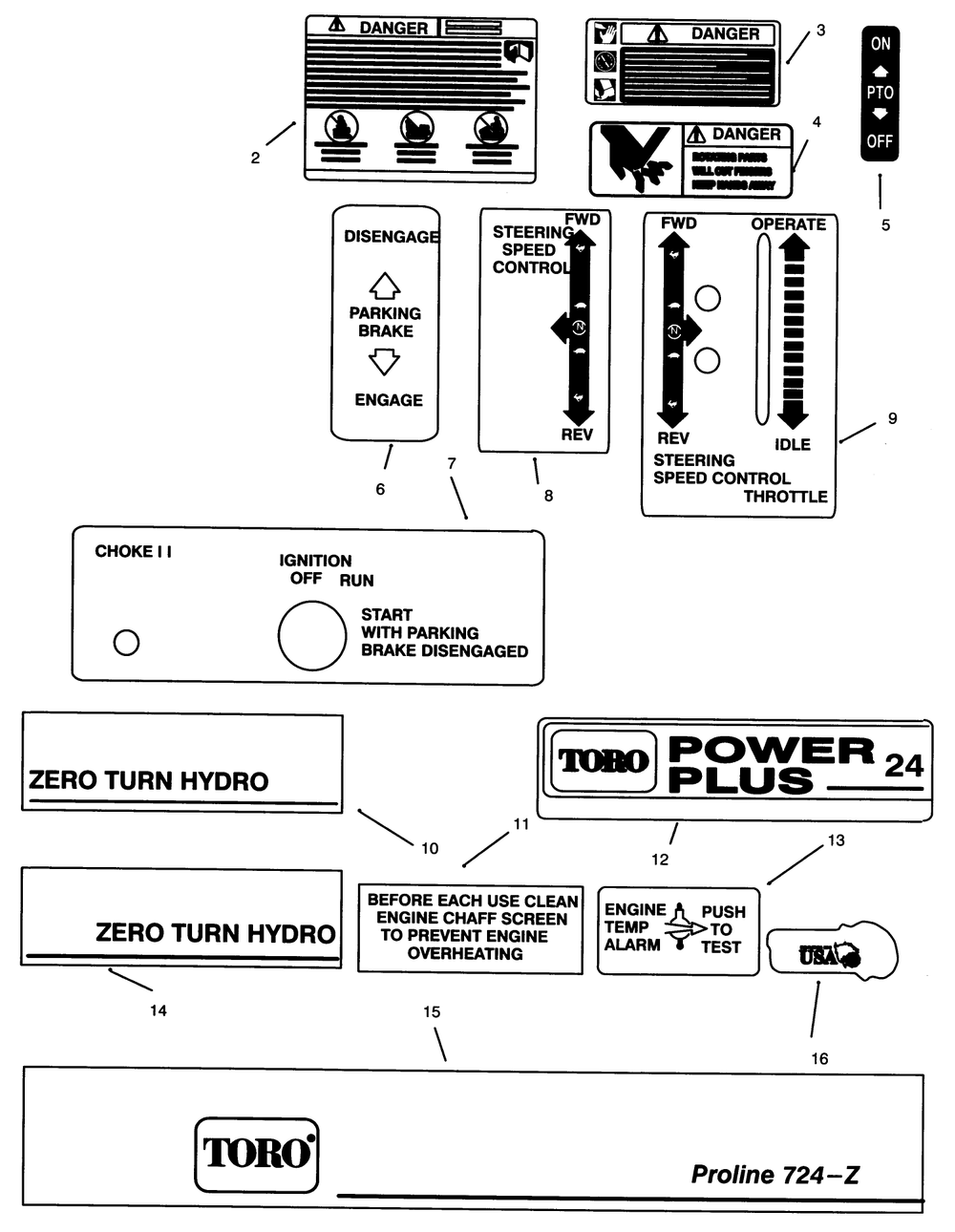 Decals Diagram and Parts List for 74140 49000001 - 49999999 Toro Lawn Tractor