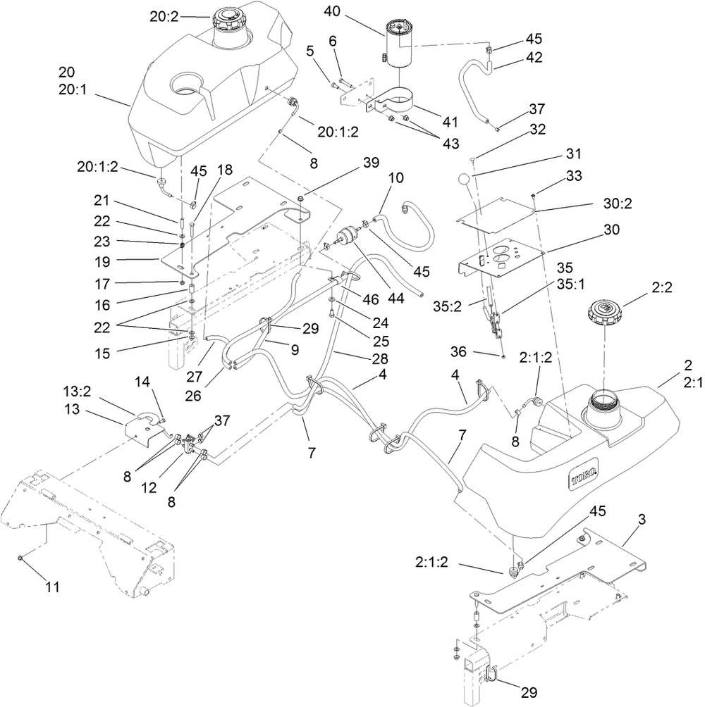 Tank And Fuel Line Assembly Diagram and Parts List for 74268 (313000001-313999999)(2013) Toro Lawn Mower