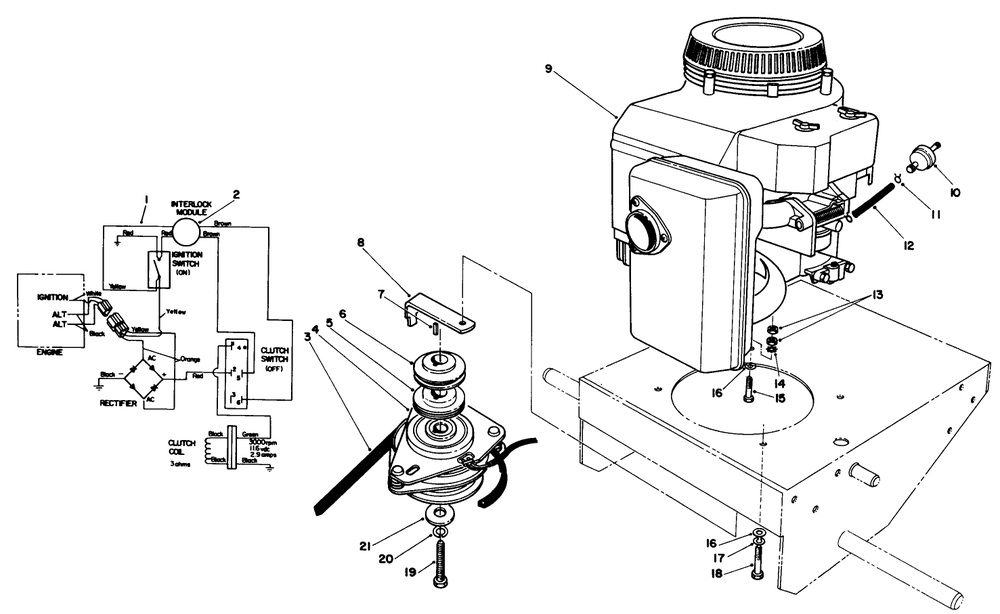 Engine And Clutch Assembly Diagram and Parts List for 30112 0000001 - 0999999 Toro Lawn Tractor Accessories
