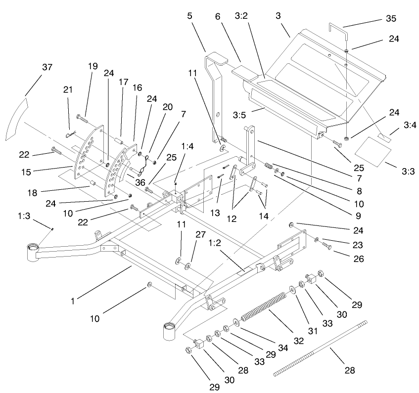 Front Frame Assembly Diagram and Parts List for 74212 (200000001-200999999)(2000) Toro Lawn Mower