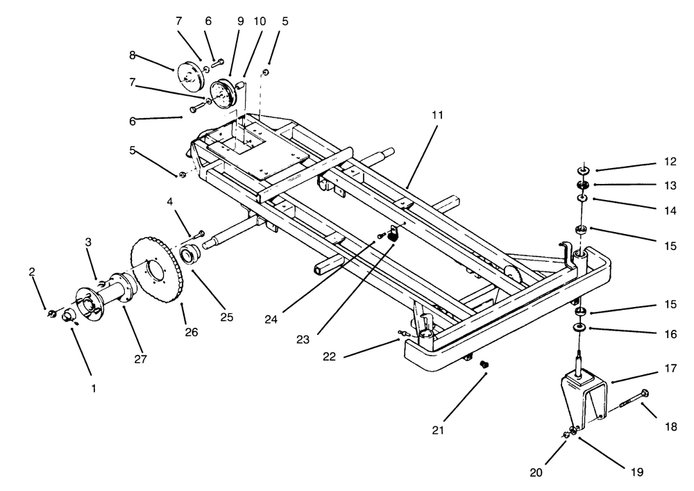 Frame, Rear Hub And Front Wheel Fork Diagram and Parts List for 74140 690001 - 699999 Toro Lawn Tractor