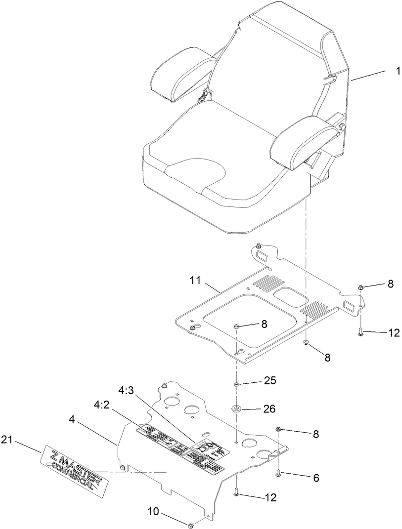 Seat Mounting Assembly Diagram and Parts List for 74951 (311000001-311000402)(2011) Toro Lawn Mower