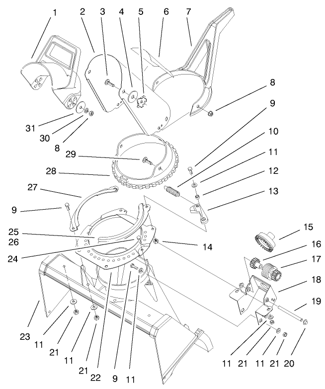 Deflector And Discharge Assembly Diagram and Parts List for 38409 9900001 - 9999999 Toro Snow Blower