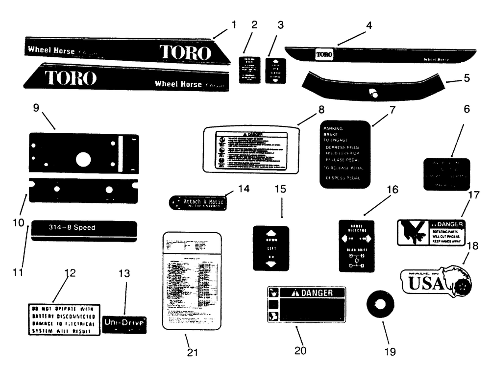 Decals Diagram and Parts List for 73400 3900001 - 3999999 Toro Lawn Tractor