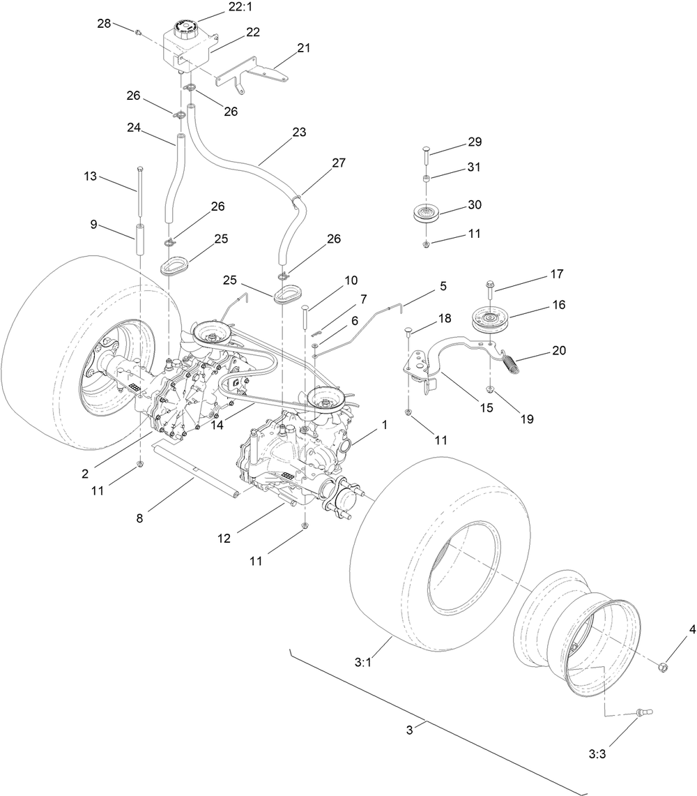 Transmisson Assembly Diagram and Parts List for 44430 413000000 - 999999999 Toro Lawn Mower