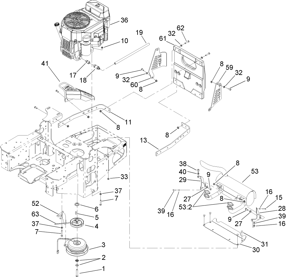 Engine, Clutch And Muffler Assembly Diagram and Parts List for 74442 (280000001-280999999)(2008) Toro Lawn Mower