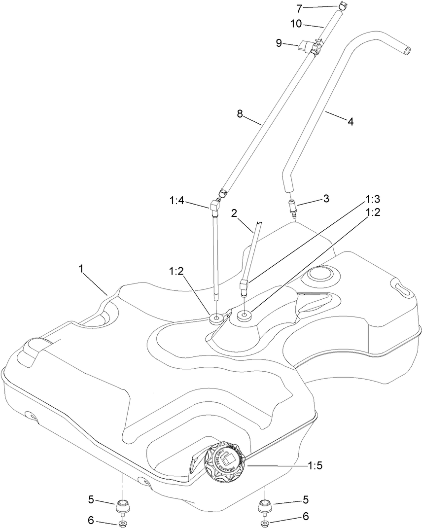 Fuel Tank And Hose Assembly Diagram and Parts List for 74141 (313000001-313999999)(2013) Toro Lawn Mower