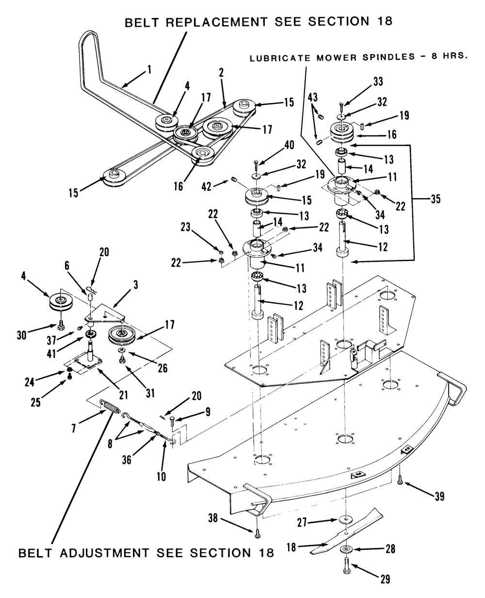 Mower Spindle And Belts Diagram and Parts List for Z1-18KE02  Toro Lawn Tractor