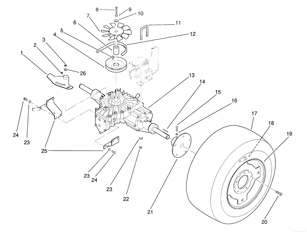 Rear Wheel And Transmission Assembly Diagram and Parts List for 22-14OE01 1000001 - 1999999 Toro Lawn Tractor