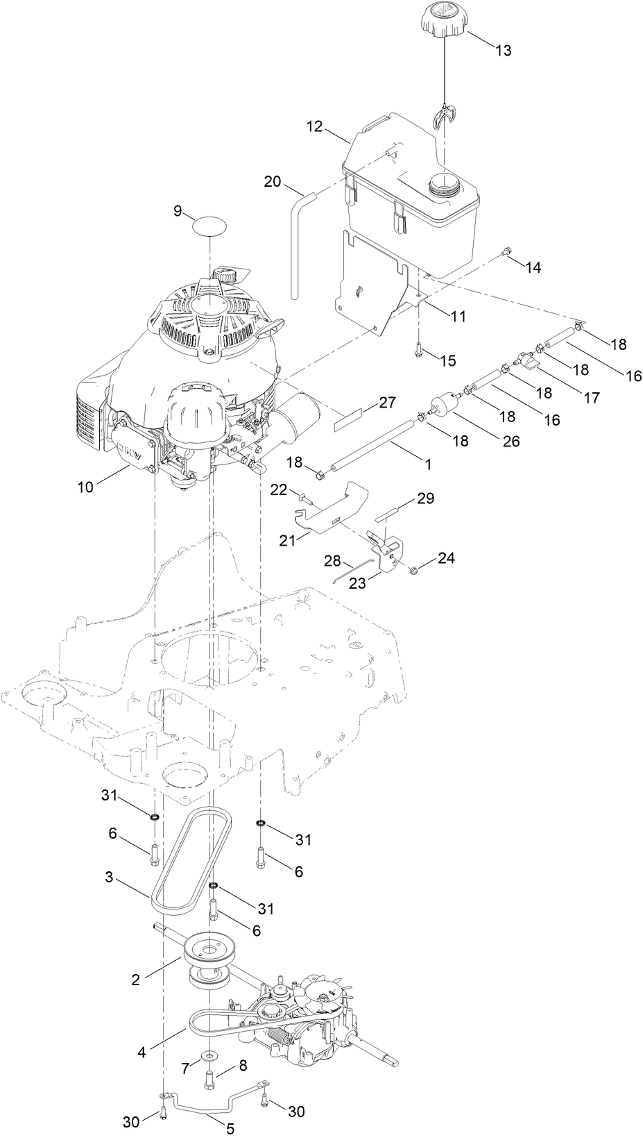 Engine And Fuel Tank Assembly Diagram and Parts List for 22207 410100000-999999999 Toro Lawn Mower