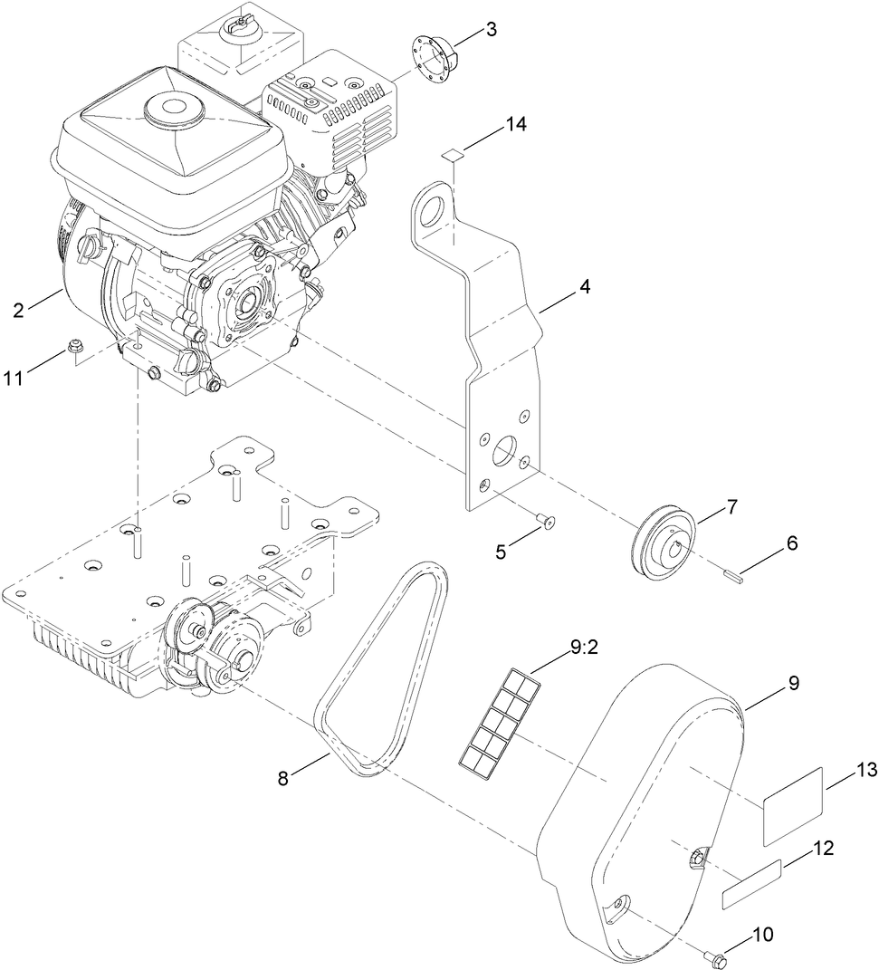 Engine, Belt And Guard Assembly Diagram and Parts List for 68049 400000000 - 401999999 Toro Cement Mixer