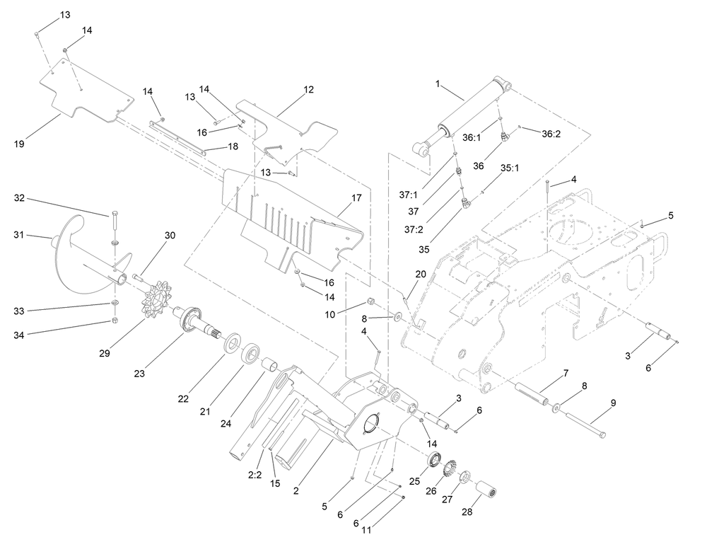 Trencher Head And Lift Assembly Diagram and Parts List for 22983 410480000 - 411799999 Toro Lawn Tractor Accessories