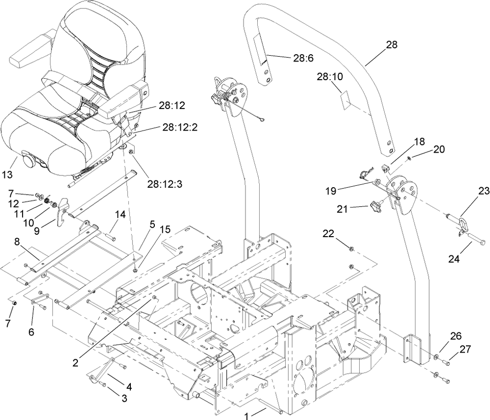 Seat And Roll-Over-Protection-System Assembly Diagram and Parts List for 74268TE (240000001-240999999)(2004) Toro Lawn Mower