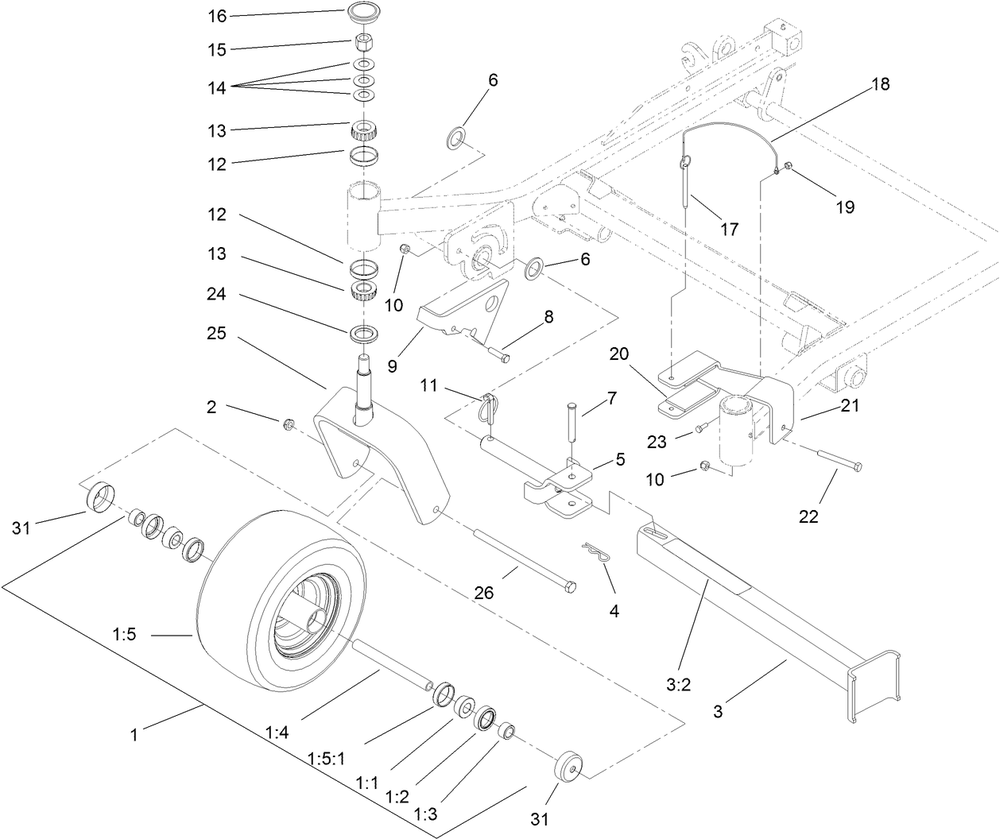 Fork, Caster Wheel And Z Stand Assembly Diagram and Parts List for 74274CP (312000001-312999999)(2012) Toro Lawn Mower