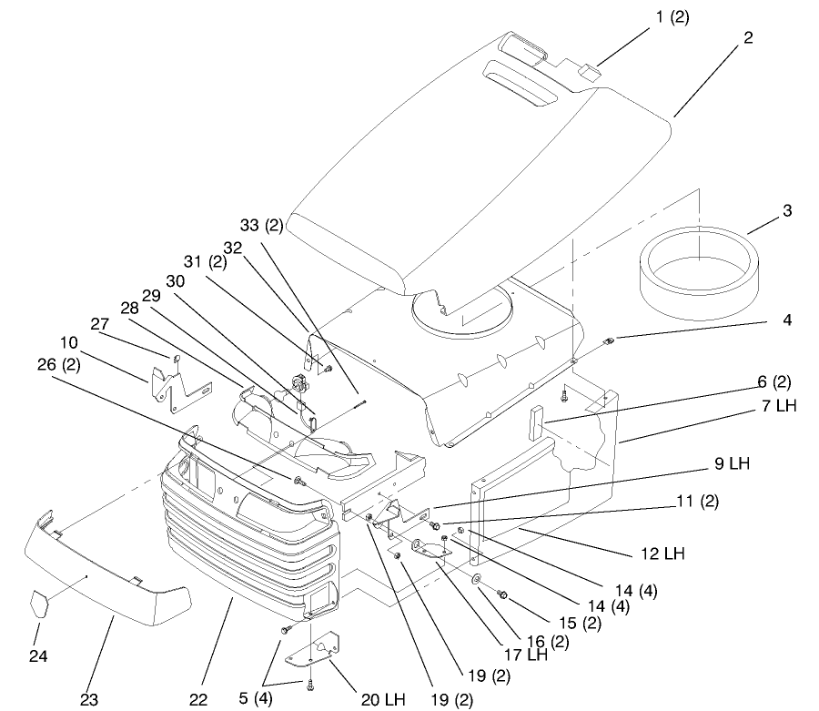 Hood And Grill Diagram and Parts List for 72104 7900001 - 7999999 Toro Lawn Tractor