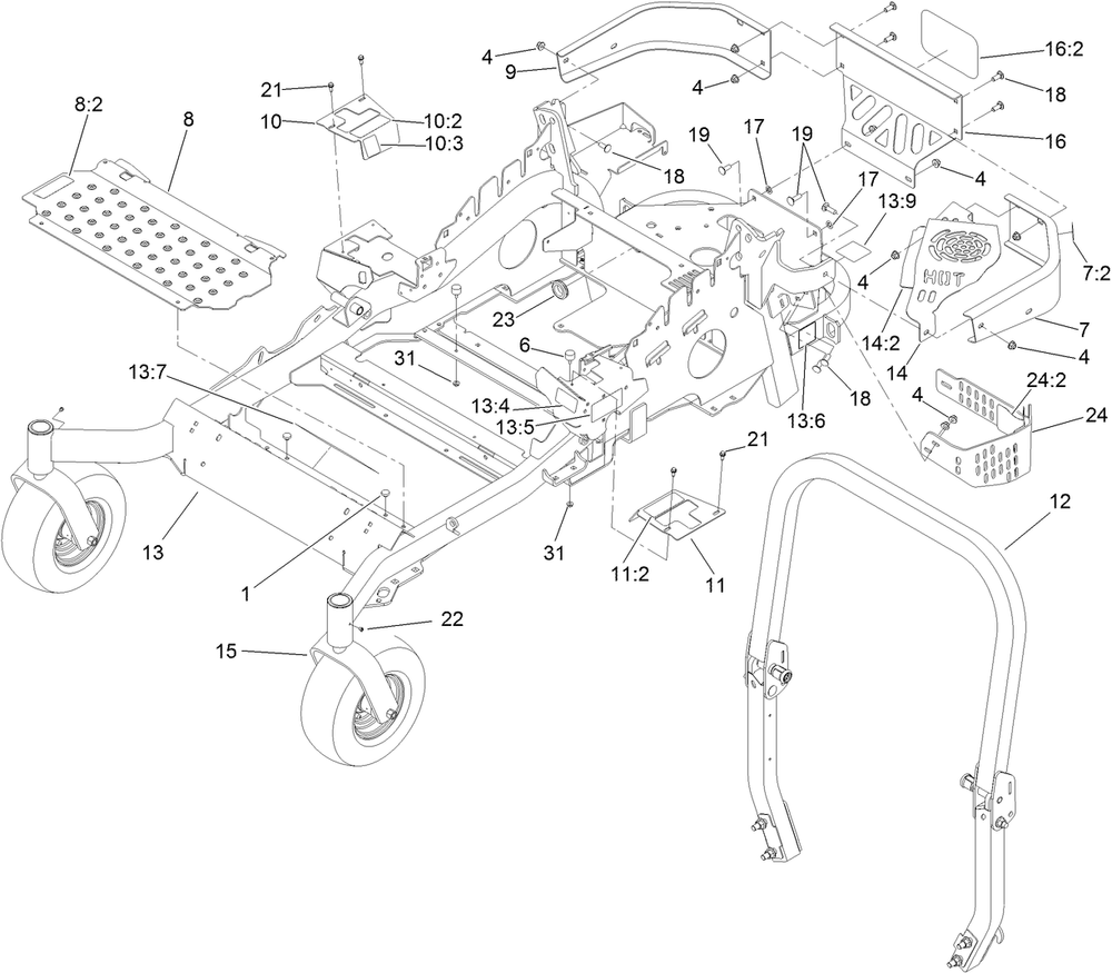Frame And Caster Wheel Assembly Diagram and Parts List for 74141TE (312000001-312999999)(2012) Toro Lawn Mower