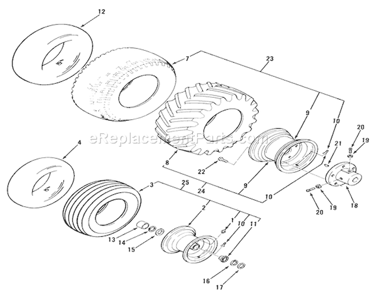 Wheels And Tires Diagram and Parts List for A1-164201 1982 Toro Lawn Tractor