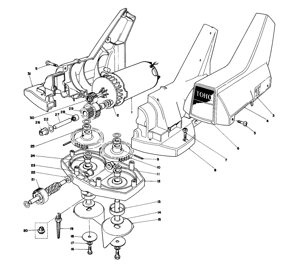 Motor And Gear Housing Assembly Diagram and Parts List for 51570 1000001 - 1999999 Toro Leaf Blower / Vacuum