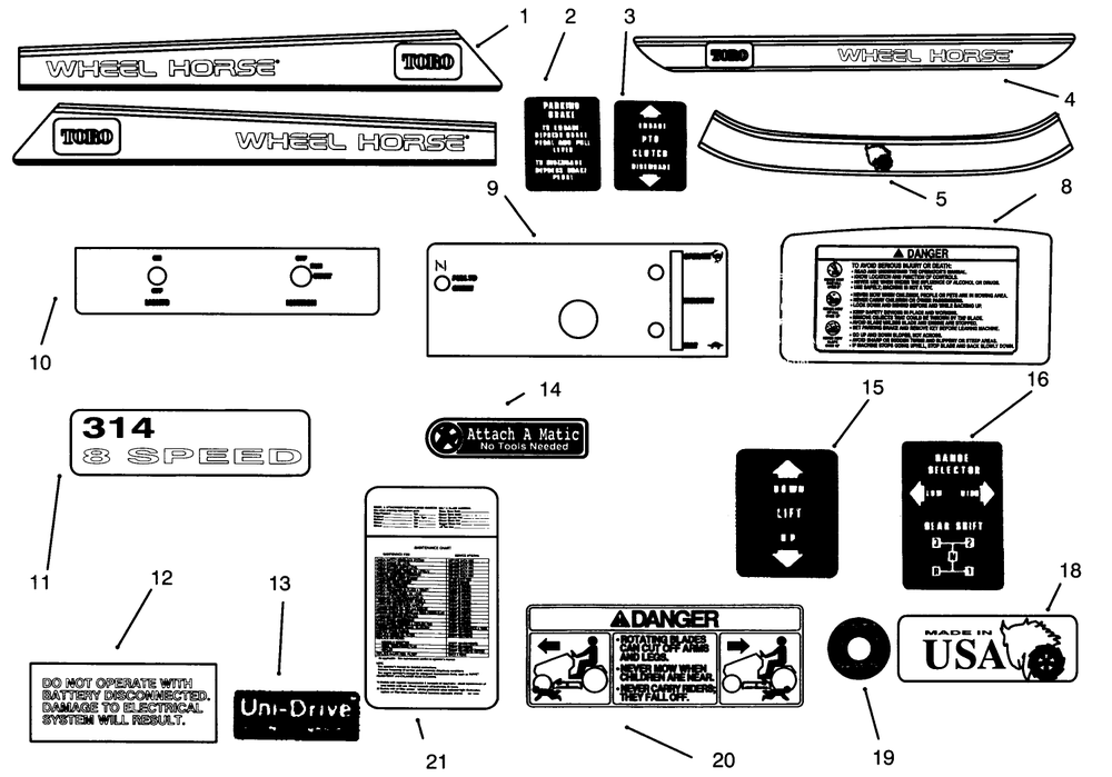 Decals Diagram and Parts List for 73400 6900001 - 6999999 Toro Lawn Tractor