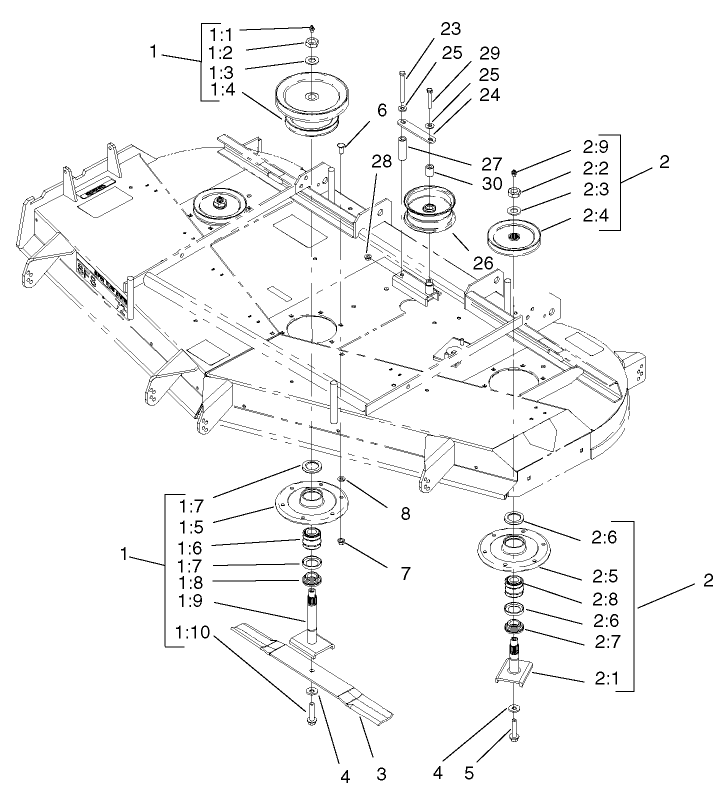 Spindle And Pulley Assembly Diagram and Parts List for 74214 (220000001-220999999)(2002) Toro Lawn Mower