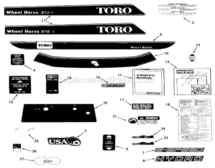 Decal & Miscellaneous Parts Assembly Diagram and Parts List for A2-12KE02 1000001-1999999 - 1991 Toro Lawn Tractor