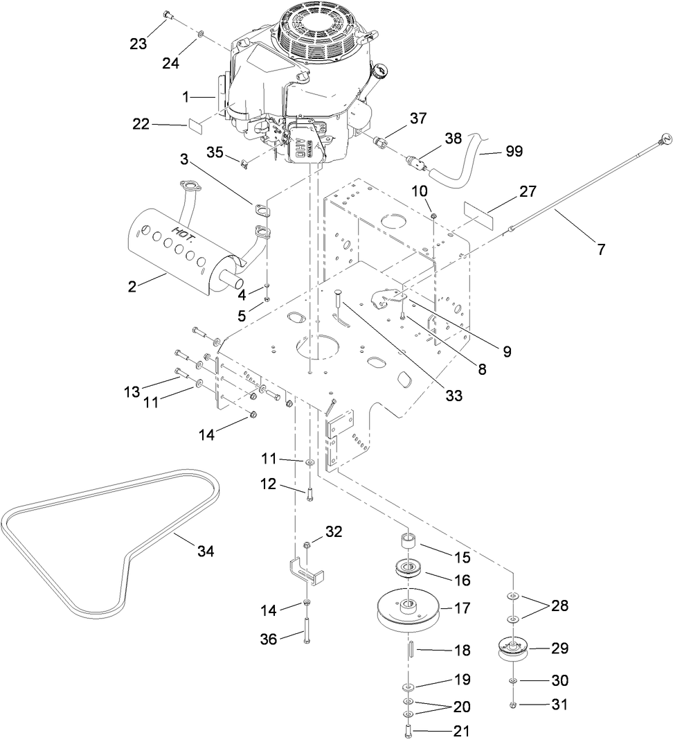 Engine And Exhaust Assembly Diagram and Parts List for 39634 (311000001-311999999)(2011) Toro Lawn Mower