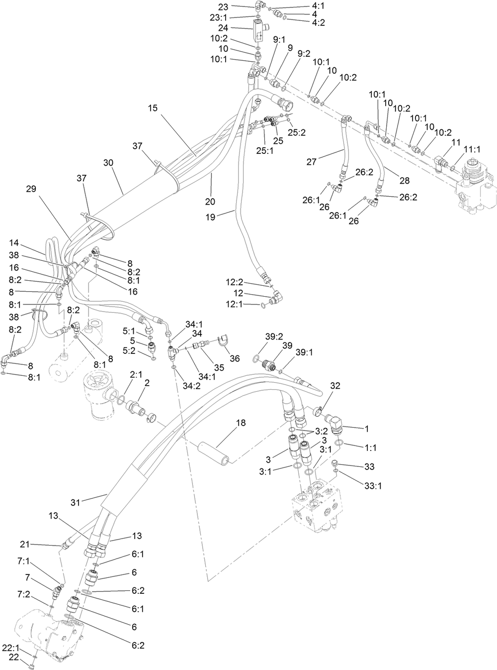 Hydraulic Hose Routing Assembly Diagram and Parts List for 23214 404320000 - 405799999 Toro Stump Grinder