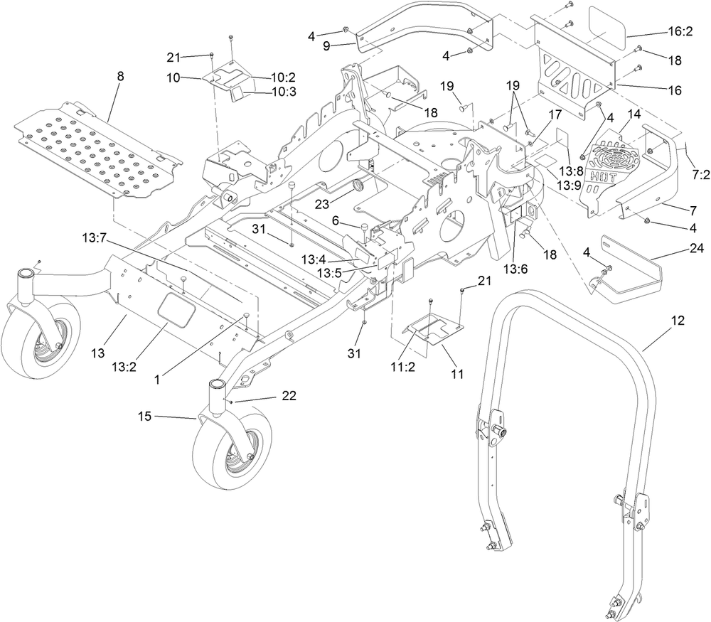 Frame And Caster Wheel Assembly Diagram and Parts List for 74145 (313000001-313999999)(2013) Toro Lawn Mower