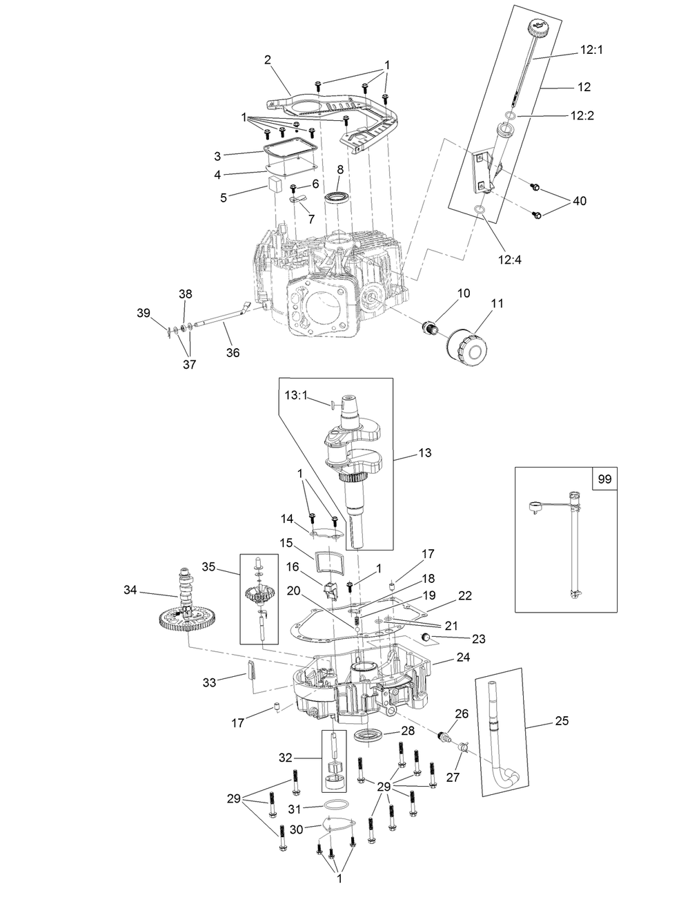 Crankcase And Crankshaft Assembly Diagram and Parts List for 74687 408976622 - 410149999 Toro Lawn Tractor