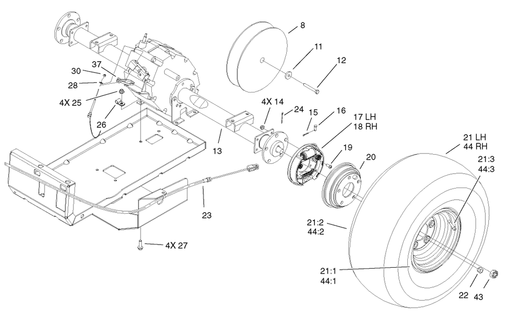 Rear Tire And Transaxle Assembly Diagram and Parts List for 12004 220000001 - 220999999 Toro Lawn Tractor