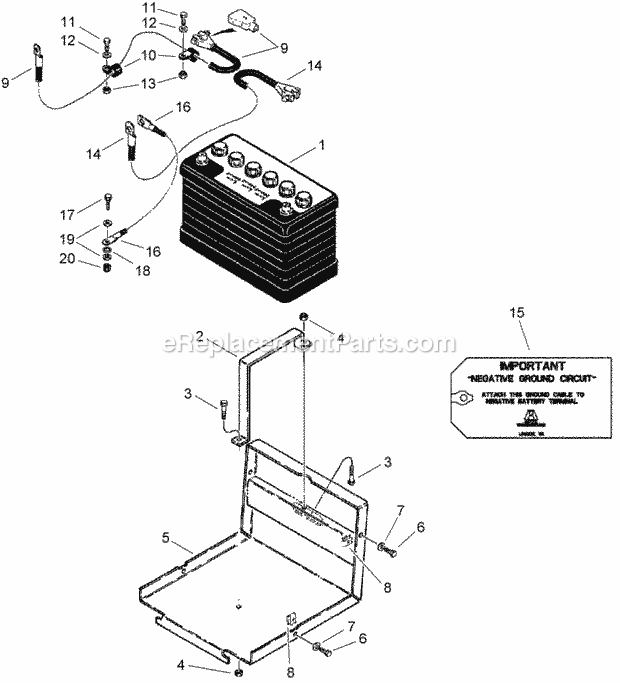 Battery, Mounting And Cable Assembly Diagram and Parts List for 2011  Toro Lawn Tractor Accessories