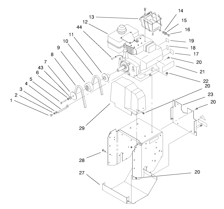 Engine And Frame Assembly Diagram and Parts List for 38083 7900001 - 7999999 Toro Snow Blower