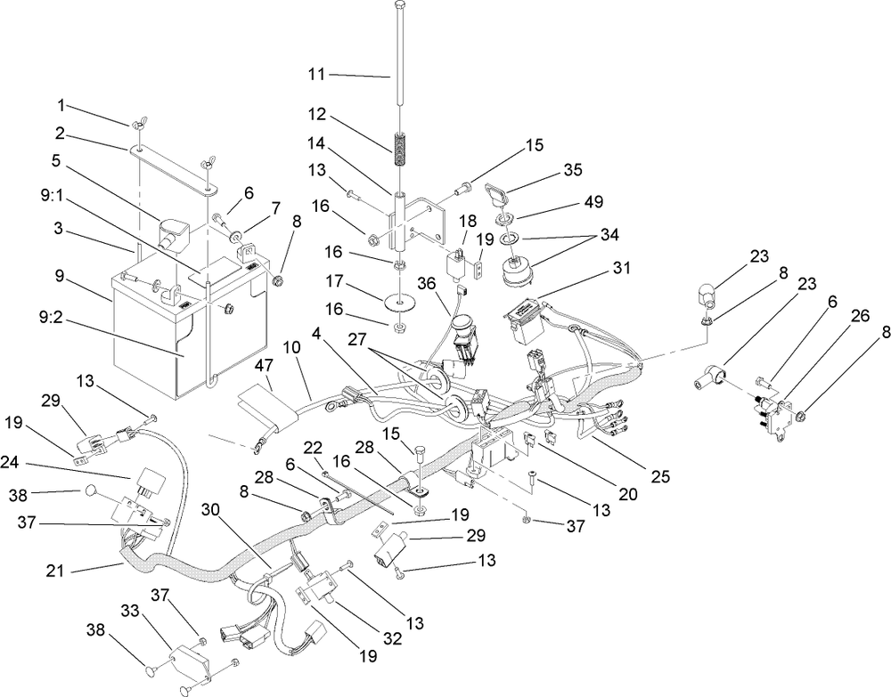 Electrical System Assembly Diagram and Parts List for 74416 (260000001-260000300)(2006) Toro Lawn Mower