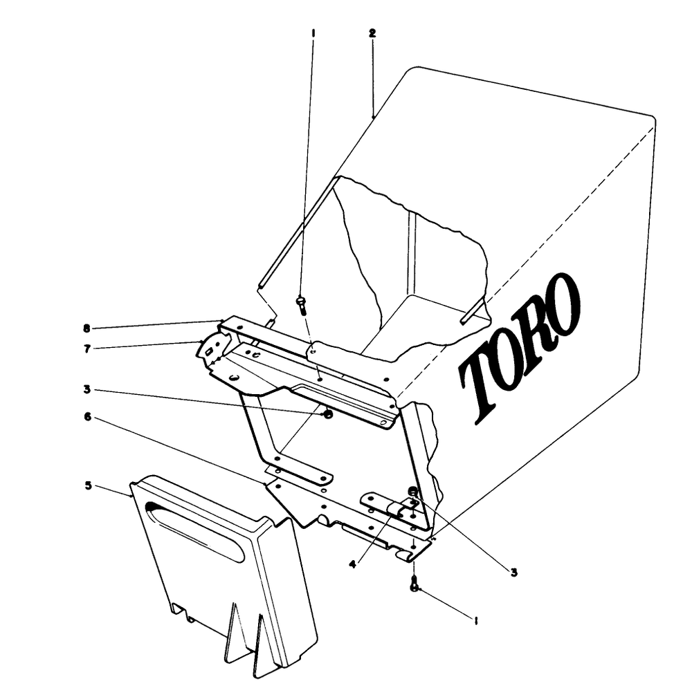 Grass Bag Assembly Diagram and Parts List for 20750 8000001 - 8999999 Toro Lawn Mower