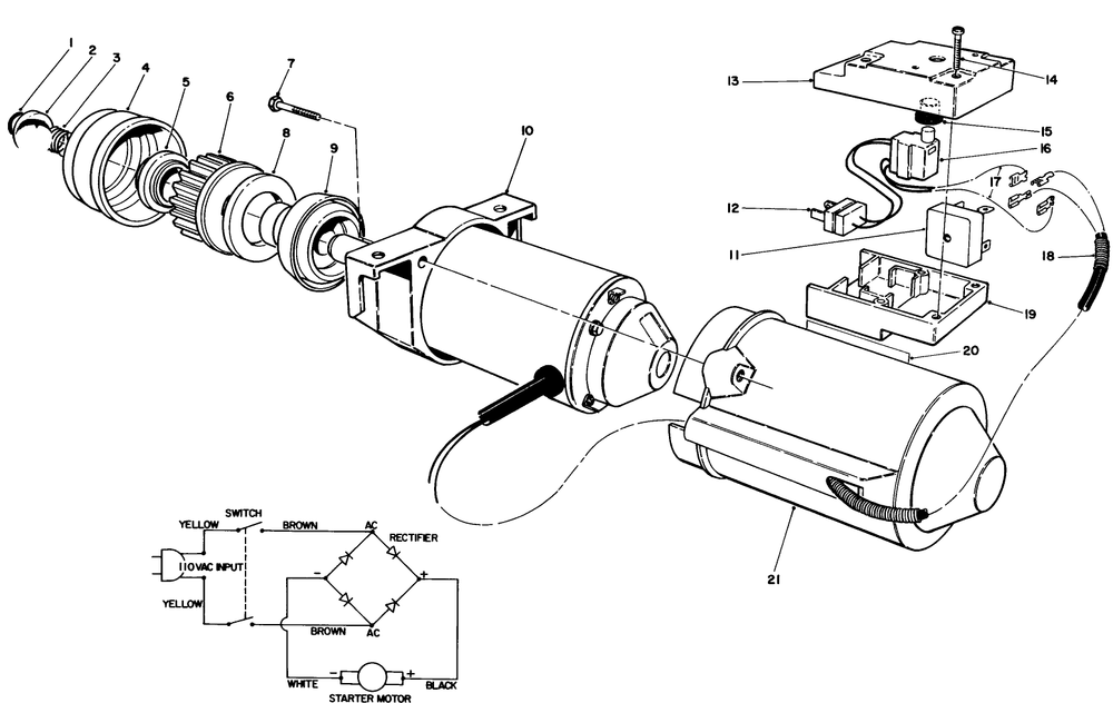 Starter Motor & Switch Housing Assembly Diagram and Parts List for 38186 0000001 - 0999999 Toro Snow Blower