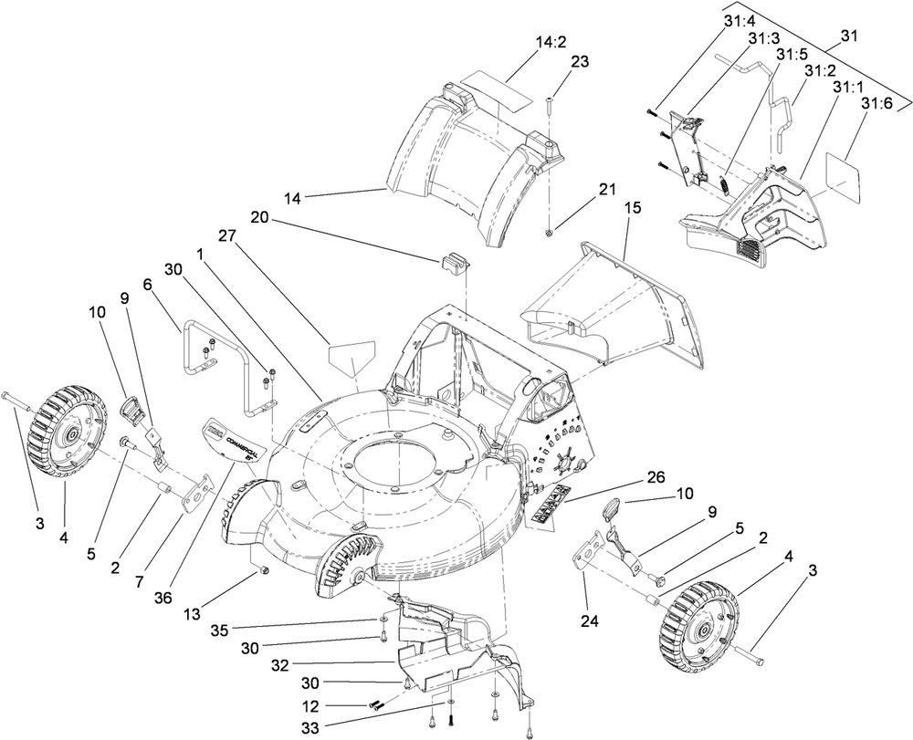 Housing And Tunnel Assembly Diagram and Parts List for 22156TE (310000001-310001000)(2010) Toro Lawn Mower