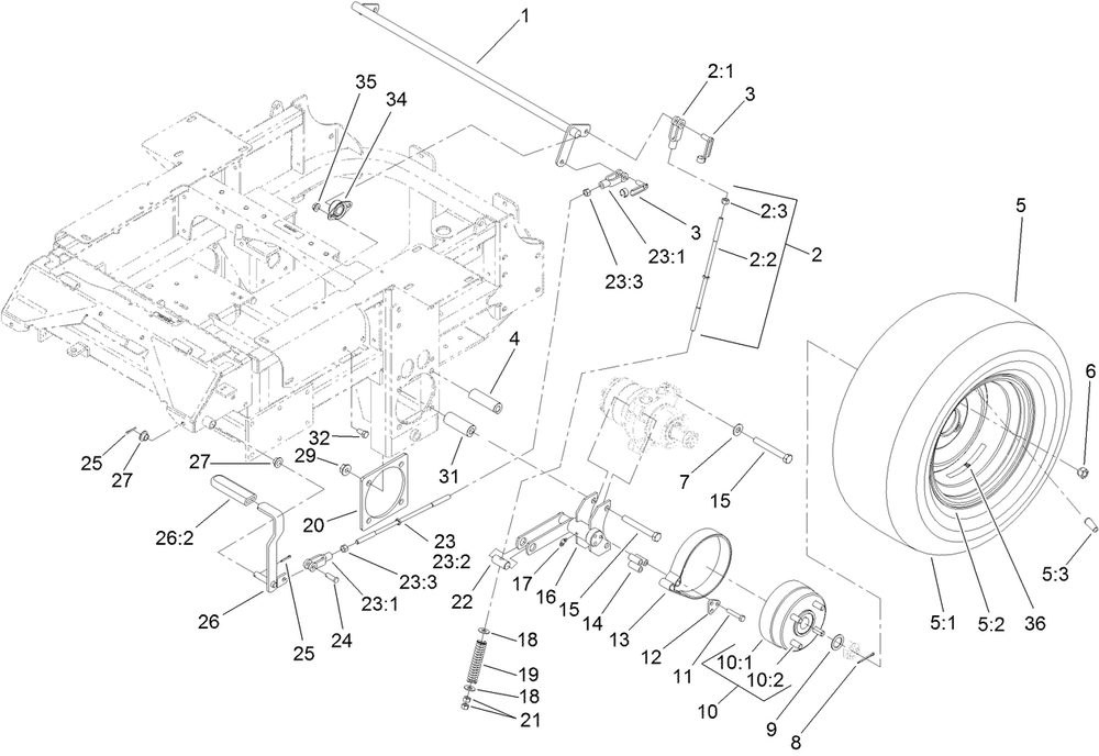 Main Frame And Rear Wheel Assembly Diagram and Parts List for 74274 (312000001-312999999)(2012) Toro Lawn Mower