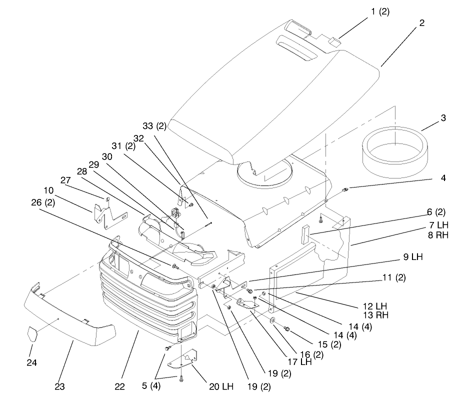 Hood And Grill Diagram and Parts List for 72104 8900001 - 8900599 Toro Lawn Tractor